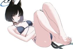 Rule 34 | 1girl, animal ears, areola slip, ateoyh, barefoot, bikini, black eyes, black nails, black tail, blue archive, blue bikini, blue halo, blue tail, cat ears, cat girl, cat tail, colored inner animal ears, criss-cross straps, gradient tail, halo, highres, kikyou (blue archive), kikyou (swimsuit) (blue archive), layered bikini, multi-strapped bikini bottom, multi-strapped bikini top, multiple tails, nail polish, official alternate costume, simple background, solo, swimsuit, tail, toenail polish, toenails, two tails, white background