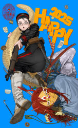 1girl 2025 antlers belt belt_pouch black_hair black_hat black_jacket black_pants blue_background boots brown_belt chinese_zodiac colored_eyelashes colored_sclera freckles glasses grey_eyes gun happy_new_year hat highres holding holding_gun holding_sword holding_weapon horns jacket korean_empire long_hair long_sleeves new_year one_eye_closed open_mouth original pants pouch pzkpfwi red_hair red_nails red_sclera sheath short_hair smoking_pipe sword weapon white_boots year_of_the_dragon yellow_eyes