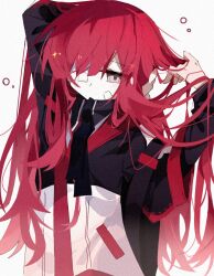 1girl arms_up black_jacket black_ribbon gauze gauze_over_eye grey_eyes hair_over_one_eye highres jacket lemonail limbus_company long_hair long_sleeves mouth_hold pink_hair project_moon ribbon sidelocks simple_background solo squeans tying_hair upper_body very_long_hair white_background yuri_(project_moon)