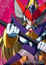 1girl berkana_(mega_man) black_eyes blonde_hair hat highres holding holding_staff lautricius long_hair mega_man_(series) mega_man_x_(series) mega_man_xtreme_2 pink_background robot_girl simple_background solo staff twitter_username witch witch_hat