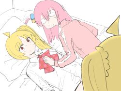 3girls ahoge blonde_hair bocchi_the_rock! bow bowtie brown_eyes caught collared_shirt commentary cosplay cube_hair_ornament facing_away gotoh_hitori hair_ornament hand_on_another&#039;s_chest ijichi_nijika ijichi_nijika_(cosplay) ijichi_seika jacket long_hair looking_at_another lying multiple_girls nervous_sweating no_mouth on_back on_bed one_side_up partially_colored pink_hair pink_jacket red_bow red_bowtie shino_(yaruki_nai_yatsu) shirt siblings side_ponytail sisters sweat track_jacket white_shirt wide-eyed yuri