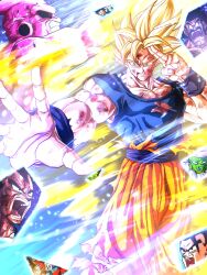 Rule 34 | 6+boys, absurdres, battle damage, blonde hair, blue shirt, dragon ball, dragonball z, genki dama, goku day, green eyes, highres, injury, kaioushin, kibito, kid buu, majin buu, male focus, medium hair, mr. satan, multiple boys, muscular, muscular male, orange pants, outstretched arm, pants, piccolo, rou kaioushin, salute, shirt, smile, son gohan, son goku, son goten, stmt tmtk, super saiyan, super saiyan 1, torn clothes, torn pants, torn shirt, trunks (dragon ball), two-finger salute, vegeta