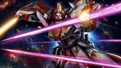 absurdres company_name copyright_notice energy energy_beam energy_sword explosion f90_gundam_(mars_zeon_type) fake_screenshot firing glowing gundam gundam_battle_operation_2 gundam_f90 highres holding holding_sword holding_weapon machinery mecha mecha_focus nebula neo_zeon official_art painting_(medium) realistic robot scan science_fiction shoulder_spikes solo spikes sword tenjin_hidetaka thrusters traditional_media weapon yellow_eyes