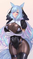 1girl alternate_costume animal_ears black_leotard black_thighhighs blue_hair blush bodystocking braid breasts cela_f cleavage commentary covered_navel cowboy_shot crown_braid elbow_gloves garter_straps gloves highres horse_ears horse_girl horse_tail large_breasts leotard long_hair looking_at_viewer mejiro_ardan_(umamusume) multicolored_hair nontraditional_playboy_bunny nun open_mouth puffy_short_sleeves puffy_sleeves purple_eyes see-through_cleavage see-through_clothes short_sleeves simple_background solo tail thighhighs umamusume veil white_gloves