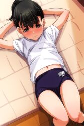 1girl arms_behind_head black_buruma black_hair blush brown_eyes buruma exercising flat_chest gym_uniform highres looking_at_viewer lying mat matsunaga_kouyou navel ponytail shirt short_hair short_sleeves sit-up white_shirt