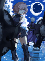 1boy 1girl absurdres armor bare_shoulders black_armor blue_sky capelet cloud commentary_request fate/grand_order fate_(series) from_behind galahad_(fate) highres holding holding_shield knight lanpohantong looking_at_another mash_kyrielight mash_kyrielight_(dangerous_beast) pink_hair purple_capelet purple_eyes reflection reflective_floor shield sky white_hair
