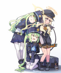 3girls aoba_(blue_archive) blonde_hair blue_archive blush breasts demon_tail green_hair green_halo halo hibi_tsuna highres hikari_(blue_archive) long_hair multiple_girls nozomi_(blue_archive) siblings simple_background skirt small_breasts standing tail twins twintails white_background yellow_eyes