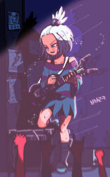 1girl 2049_(hh5566) bangs_pinned_back bass_guitar blue_eyes boots concert creatures_(company) dress dress_shirt fang female_focus flat_chest forehead full_body game_freak gym_leader happy high_heel_boots high_heels hot instrument knee_boots legs looking_to_the_side medium_hair music neck nintendo off-shoulder_dress off_shoulder open_mouth platform_boots platform_footwear playing_instrument pokemon pokemon_bw2 punk roxie_(pokemon) shirt shorts_under_dress sidelocks smirk striped_clothes striped_dress sweat topknot white_hair