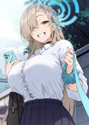 Rule 34 | 1girl, absurdres, asuna (blue archive), asuna (school uniform) (blue archive), asymmetrical bangs, bag, black choker, blonde hair, blue archive, blue bow, blue bowtie, blue eyes, blue halo, blue nails, blue ribbon, blue scrunchie, blush, bow, bowtie, breasts, button gap, cellphone, choker, cowboy shot, hair over one eye, hair ribbon, halo, highres, holding, holding leash, holding phone, large breasts, leash, long hair, looking at viewer, mole, mole on breast, phone, pleated skirt, pov, ribbon, school bag, school uniform, scrunchie, shirt, shunichi, skirt, smartphone, smile, solo, very long hair, viewer on leash, white shirt, wrist scrunchie
