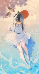 1girl :d bare_shoulders barefoot beach belt black_hair blue_eyes blunt_bangs commentary dress feet green_nails hat highres hololive hololive_dev_is juufuutei_raden legs long_hair looking_at_viewer multicolored_hair murechika nail_polish open_mouth partially_submerged sandals sitting smile solo sun_hat sunglasses teeth toenail_polish toenails toes two-tone_hair unworn_sandals virtual_youtuber water wet wet_clothes wet_dress white_dress white_hair