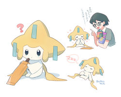 1boy :d ? black-framed_eyewear commentary_request food gen_3_pokemon glasses holding index_finger_raised jirachi legendary_pokemon male_focus max_(pokemon) mythical_pokemon nintendo open_mouth pankona_(ubsssss) pokemon pokemon:_jirachi:_wish_maker pokemon_(anime) pokemon_rse_(anime) shirt short_hair short_sleeves simple_background sleeping smile translation_request white_background zzz