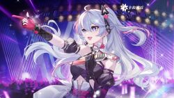 Rule 34 | 1girl, ahoge, bare shoulders, belt, black gloves, black shirt, blue eyes, breasts, choker, criss-cross halter, cutout above navel, detached sleeves, fingerless gloves, gloves, hair ornament, halterneck, heart, heart-shaped pupils, high-waist skirt, highres, holding, holding microphone, kanami (strinova), looking ahead, medium breasts, microphone, multicolored hair, official art, one side up, open mouth, outstretched arm, ribbon choker, shirt, skirt, sleeveless, sleeveless shirt, smile, solo, stage lights, streaked hair, strinova, symbol-shaped pupils, upper body, white skirt
