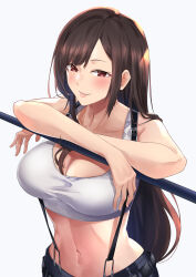 1girl 28aarts absurdres arm_rest black_skirt breasts brown_hair cleavage crop_top final_fantasy final_fantasy_vii highres large_breasts long_hair midriff navel parted_lips red_eyes simple_background skirt smile solo stomach suspender_skirt suspenders tank_top tifa_lockhart upper_body very_long_hair white_background white_tank_top
