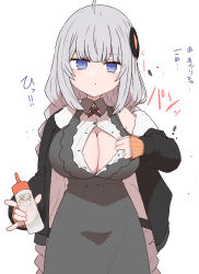 1girl blue_eyes breasts cleavage dress grey_hair highres large_breasts long_hair lube_bottle paizuri_invitation sumiyao_(amam) tagme white_background