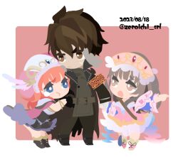 Rule 34 | 01 (zeroichi srl), 1boy, 2girls, :o, armband, atelier (series), atelier totori, black dress, black jacket, blue eyes, border, brown eyes, brown hair, chibi, chibi only, dated, dress, full body, hat, jacket, long hair, long sleeves, looking at another, multiple girls, no lineart, open mouth, outside border, pants, pink background, pink dress, pout, rorolina frixell, shoes, short hair, standing, sterkenburg cranach, sweatdrop, tears, totooria helmold, twitter username, white border