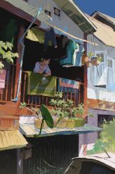 Rule 34 | 1girl, balcony, black hair, blue sky, building, burmese text, car, clothesline, commentary, day, elbow rest, glass writing, hanging plant, head rest, highres, holding, holding kettle, house, industrial pipe, kettle, leaning forward, long hair, looking to the side, motor vehicle, myanmar, original, pants, parabolic antenna, plant, potted plant, railing, rakoshirako, real world location, realistic, shirt, sky, sleeves rolled up, solo, town, translated, unworn pants, unworn shirt, white shirt