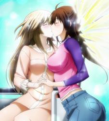 Rule 34 | 2girls, anime screenshot, blonde hair, blush, breasts, brown hair, couple, hidaka chiho, highres, holding hands, impossible clothes, impossible shirt, kiss, long hair, multiple girls, sekirei, shirt, stitched, subtext, third-party edit, uzume, uzume (sekirei), yuri