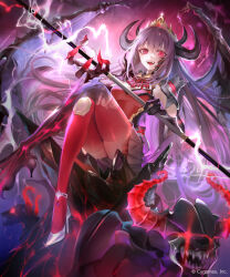 1girl 2others arm_support armor blush breasts brown_skirt claws cloud cloudy_sky commentary_request company_name demon demon_girl demon_horns demon_wings fog from_below full_body glowing glowing_eyes hair_between_eyes hair_ornament hand_up headpiece high_heels hip_armor holding holding_weapon horns knee_pads kouyafu laura_(shadowverse) lightning long_hair looking_at_viewer magic medium_breasts miniskirt multiple_others official_art open_mouth outdoors pleated_skirt purple_hair red_eyes red_thighhighs shadowverse sharp_teeth shoes shoulder_armor single_knee_pad single_shoe sitting skirt sky smile stiletto_heels teeth thighhighs thighs torn_clothes underbust upper_teeth_only very_long_hair weapon wings