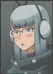 1girl :3 animal_ear_headphones animal_ears black-framed_eyewear blush cat_ear_headphones fake_animal_ears glasses headphones long_hair open_mouth original portrait solo sweat takamichi