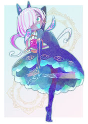 Rule 34 | 1girl, absurdres, animal ears, aqua tongue, arched back, arm behind head, black dress, blush, colored skin, dress, earrings, fake animal ears, fate/grand order, fate (series), from side, girl vajra (fate), green eyes, grey skin, highres, jewelry, looking at viewer, multicolored hair, one eye covered, open mouth, ponytail, purple hair, short dress, sleeves past wrists, standing, standing on one leg, striped sleeves, thumb hole sleeves, waniyama1993, white hair