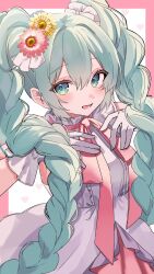 1girl aqua_eyes aqua_hair blush border braid commentary dress flower gloves green_eyes hair_between_eyes hair_flower hair_ornament hatsune_miku heart highres long_hair looking_at_viewer neck_ribbon open_mouth pink_ribbon ribbon smile solo twin_braids twintails urara_31_e very_long_hair vocaloid white_background white_dress white_gloves yellow_flower