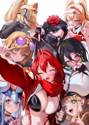 +_+ 6+girls ^_^ ahoge anchor_(nikke) anis_(nikke) anis_(sparkling_summer)_(nikke) antenna_hair arm_up armor aviator_sunglasses bare_shoulders between_breasts bikini black_choker black_gloves black_hair black_jacket black_mask black_nails blonde_hair blue_eyes blue_hair blue_sailor_collar blush bodysuit breast_rest breasts breasts_on_head brown_capelet brown_hair capelet cat_hair_ornament chain chain_leash cheerleader choker clay_(nikke) cleavage clenched_hand closed_eyes closed_mouth collared_shirt commentary creator_connection crop_top cropped_jacket deerstalker detective double_v earrings eyepatch_bikini eyewear_on_head fang fingerless_gloves flower glasses gloves goddess_of_victory:_nikke green_eyes green_hair group_picture guilty_(nikke) gyaru_v hair_between_eyes hair_bun hair_flaps hair_flower hair_ornament hair_ribbon hairclip hat highres horns huge_breasts idoll_sun_(nikke) jacket jewelry large_breasts leash leather leather_jacket lock long_hair long_sleeves looking_at_viewer maiden_(nikke) mask mechanical_horns medium_hair mikan03_26 military_uniform mouth_mask multicolored_hair multiple_girls navel novel_(nikke) official_alternate_costume one_eye_closed open_clothes open_jacket open_mouth padlock padlocked_collar parted_bangs pink-tinted_eyewear plaid_capelet plaid_clothes purple_eyes red_eyes red_flower red_hair red_hood_(nikke) red_jacket red_nails red_rose red_scarf red_shirt ribbon rose sailor_collar scarf shirt shoulder_armor sidelocks simple_background skin_fang sleeveless sleeveless_shirt smile sparkling_eyes standing stomach straitjacket strap_between_breasts sunglasses suspenders swimsuit symbol-only_commentary teeth tinted_eyewear twintails two-tone_hair two_side_up unzipped upper_teeth_only v v_over_eye visor_(armor) visor_cap white_background white_bikini white_bodysuit white_shirt yellow_eyes zipper