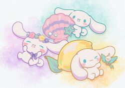animal animal_focus bird blush_stickers bow cinnamoroll closed_eyes commentary curled_tail dog food fruit fuwa_fuwa_cinnamoroll happy head_wreath highres lemon multiple_views no_humans parrot pixiv_29380466 purple_bow sanrio seashell shell sitting smile starfish symbol-only_commentary white_dog