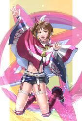 arm_up breasts brown_eyes brown_hair cleavage crop_top fishnet_thighhighs fishnets jumping kunoichi_(sengoku_musou) lips midriff navel ninja open_mouth ponytail sengoku_musou shawl shorts side_ponytail smile thighhighs thighs v