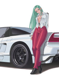 Rule 34 | 1girl, absurdres, alternate costume, bat (animal), black pants, boots, breasts, capcom, car, casual, cleavage, darkstalkers, erzomori, green eyes, green hair, head tilt, high heels, highres, jacket, large breasts, long hair, long sleeves, looking at viewer, midriff, morrigan aensland, motor vehicle, motorcycle, navel, no bra, open clothes, open shirt, pants, red pants, shirt, shoes, smile, solo, sports car, vehicle focus, white shirt