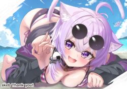 1girl 1other ahoge animal_ear_fluff animal_ears bikini breasts cat_ears cat_girl cat_tail collar collarbone commentary commission eyewear_on_head fang highres hololive large_breasts mato_(mato_77777) nekomata_okayu onigirya_(nekomata_okayu) purple_eyes purple_hair round_eyewear side-tie_bikini_bottom sidelocks skeb_commission sleeves_past_wrists swimsuit tail thank_you virtual_youtuber
