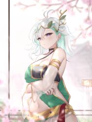 1girl absurdres antenna_hair bare_shoulders belt black_choker breasts choker cleavage closed_mouth cowboy_shot crossed_arms detached_sleeves embarrassed gold_trim guo582 hair_branch highres lily_everhart long_hair long_sleeves looking_at_viewer medium_breasts midriff multicolored_hair navel palworld panties purple_eyes revealing_clothes sash see-through_clothes see-through_sleeves single_strap solo standing stomach strapless tube_top two-tone_hair underwear white_hair white_panties wide_sleeves