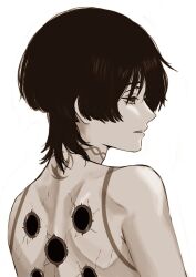 Rule 34 | 1boy, 9701athra, adam&#039;s apple, bare shoulders, birthmark, blunt ends, body markings, cracked skin, electro symbol (genshin impact), eyelashes, from behind, genshin impact, half-closed eyes, highres, hole in chest, hole on body, looking to the side, male focus, median furrow, mitsudomoe (shape), open mouth, portrait, scaramouche (genshin impact), sepia, shoulder blades, sideways mouth, solo, tomoe (symbol), topless male, tsurime, white background