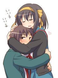 1girl blazer blue_sailor_collar blue_skirt blush brown_cardigan brown_eyes brown_hair cardigan closed_eyes commentary_request green_jacket hair_ribbon hairband heart hetero hug jacket kita_high_school_uniform kyon long_sleeves looking_at_viewer necktie open_cardigan open_clothes open_mouth red_necktie ribbon sailor_collar school_uniform serafuku shirt short_hair skirt suzumiya_haruhi suzumiya_haruhi_no_yuuutsu sweat taiki_(6240taiki) translation_request white_shirt yellow_hairband yellow_ribbon