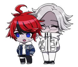 2boys ahoge aotsuki_eito black_hair blue_eyes chibi closed_eyes closed_mouth eyelashes full_body male_focus multicolored_eyes multicolored_hair multiple_boys open_mouth red_eyes red_hair simple_background standing sumino_takumi the_hundred_line_-last_defense_academy- white_background white_hair
