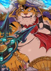 1boy adomir_(crave_saga) animal_ears ascot bara belly biceps claws coat commentary_request crave_saga fangs fat furry furry_male hat highres looking_at_viewer male_focus open_mouth pawpads pectorals pirate_hat plump scar scar_across_eye scar_on_face shirokumaou signature strap tiger_boy tiger_ears tiger_stripes yellow_fur
