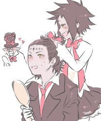 1girl 2boys adjusting_another&#039;s_hair blush bow bowtie brown_hair brown_hat brown_skirt brown_suit coat collared_coat collared_shirt d.gray-man facial_mark fangs flower forehead_mark formal_clothes glasses gloves grin hair_bow hair_slicked_back hand_mirror hand_on_another&#039;s_head hat hat_flower hat_ornament hat_ribbon heart highres holding holding_mirror large_hat long_pointy_ears looking_at_another looking_at_mirror looking_up mature_male messy_hair millennium_earl miniskirt mirror multiple_boys necktie noah_(d.gray-man) open_mouth oyakorodesu pink_bow pink_bowtie pink_flower pink_necktie pink_ribbon pleated_skirt pointy_ears profile ribbon road_kamelot round_eyewear shirt short_hair sidelocks signature simple_background skirt smile spiked_hair striped_clothes striped_skirt suit sweat sweatdrop teeth tyki_mikk white_background white_coat white_gloves white_shirt white_stripes yellow_eyes