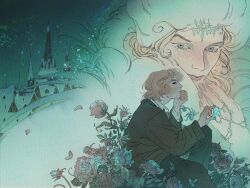 1boy absurdres architecture blonde_hair blue_eyes colored_eyelashes commentary_request european_architecture feet_out_of_frame flower from_side fur_hat hand_on_own_face hat highres holding_pendant jewelry looking_at_viewer medium_hair multiple_views night original painting_(medium) pale_skin pants profile ring rose russian_commentary short_hair sitting sky snow steeple sweater traditional_media village vinsenta watercolor_(medium) white_eyelashes