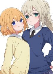 2girls black_necktie blonde_hair blue_eyes blue_skirt blue_sweater blush collared_shirt commentary_request double-parted_bangs green_eyes hair_between_eyes hand_on_own_hip highres long_hair looking_at_viewer medium_hair mochigome_(ununquadium) multiple_girls necktie original plaid_clothes plaid_skirt pleated_skirt ponytail shirt sidelocks simple_background skirt smile standing sweater tongue tongue_out upper_body white_background white_shirt yellow_sweater