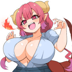 1girl belt blue_shirt blue_skirt bouncing_breasts breasts breath_weapon breathing_fire claw_pose cleavage dragon_girl dragon_horns dragon_tail employee_uniform fire hair_between_eyes horns huge_breasts ilulu_(maidragon) kobayashi-san_chi_no_maidragon large_tail light_blush looking_at_viewer medium_hair midriff nail_polish navel open_belt open_mouth pink_eyes pink_hair pointy_ears sharp_teeth shirt simple_background skirt slit_pupils smile solo tail teeth upper_body user_kruv4844 white_background
