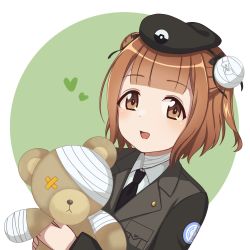 Rule 34 | 1girl, bandages, beatrice (princess principal), brown eyes, brown hair, cosplay, dddomatesu, double bun, girls und panzer, hair bun, hat, highres, military, military hat, military uniform, necktie, princess principal, short hair, stuffed animal, stuffed toy, teddy bear