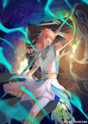 1boy armlet bird bishounen chinese_clothes chinese_commentary cowboy_shot earrings energy feathers feet_out_of_frame hair_ornament hanfu highres holding holding_polearm holding_weapon jewelry kong_hongjun leg_up long_hair looking_at_viewer male_focus parted_lips peacock pink_hair polearm sash short_sleeves shorts solo stud_earrings tianbao_fuyao_lu watermark weapon weibo_watermark white_hanfu white_shorts xitai yellow_eyes yellow_sash