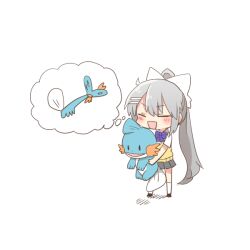 1girl :d blush_stickers bow chibi closed_eyes collared_shirt crossover gen_3_pokemon grey_hair grey_skirt hair_between_eyes hair_bow higuchi_kaede higuchi_kaede_(3rd_costume) holding long_hair mudkip nijisanji nintendo open_mouth pleated_skirt pokemon pokemon_(creature) ponytail purple_bow rebecca_(keinelove) school_uniform shirt short_sleeves simple_background skirt smile standing sweater_vest v-shaped_eyebrows very_long_hair virtual_youtuber white_background white_bow white_shirt