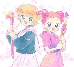 2girls :d black_shirt blush cardcaptor_sakura commentary_request cowboy_shot crossover double_bun fuuin_no_tsue genre_connection green_eyes hair_bun harukaze_doremi holding holding_wand hood hoodie kinomoto_sakura long_sleeves looking_at_viewer multiple_girls neckerchief ojamajo_doremi open_mouth pink_hair pink_hoodie pink_shorts pleated_skirt sailor_collar school_uniform shirt short_hair short_sleeves shorts skirt smile sparkle standing tomoeda_elementary_school_uniform tomoeda_middle_school_uniform wand white_background white_neckerchief white_sailor_collar white_skirt yuriko_(yurikonicc)
