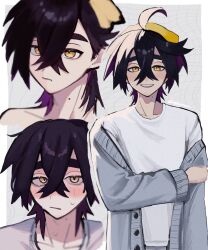 Rule 34 | 1boy, alternate costume, black hair, blush, cardigan, commentary request, creatures (company), crossed bangs, game freak, grey background, grey cardigan, hair between eyes, hairband, highres, kieran (pokemon), kogekogenama, long sleeves, male focus, mole, mole on neck, multicolored hair, multiple views, nintendo, off shoulder, open mouth, parted lips, pokemon, pokemon sv, purple hair, shirt, simple background, sweat, twitter username, upper body, white shirt, yellow eyes, yellow hairband
