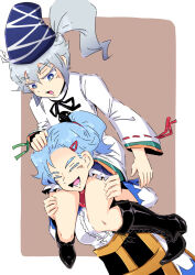 2girls black_boots black_shoes blue_hair blue_hat boots bright_pupils brown_background carrying_over_shoulder closed_eyes commentary frilled_skirt frills grey_eyes hat highres japanese_clothes kariginu kumoi_ichirin long_sleeves miniskirt mononobe_no_futo multiple_girls open_mouth ribbon-trimmed_sleeves ribbon_trim sakamoto_fred shoes skirt smile tate_eboshi touhou white_pupils