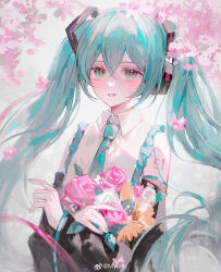 1girl absurdres aqua_eyes aqua_hair aqua_nails aqua_necktie bare_shoulders black_sleeves blush bouquet collared_shirt commentary_request detached_sleeves flower frills hair_between_eyes hair_ornament hatsune_miku highres holding holding_bouquet long_hair looking_at_viewer necktie open_mouth pink_flower pink_rose rose shirt sleeveless sleeveless_shirt smile solo tattoo tolu_ya twintails upper_body very_long_hair vocaloid white_shirt