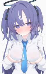 1girl absurdres black_halo blue_archive blue_eyes blue_hair blue_necktie blush breasts collared_shirt covered_erect_nipples cum cum_on_body cum_on_hair facial grabbing_own_breast halo highres long_hair long_sleeves looking_at_viewer medium_breasts necktie nui_(nuinui0300) shirt solo two_side_up upper_body white_shirt yuuka_(blue_archive)