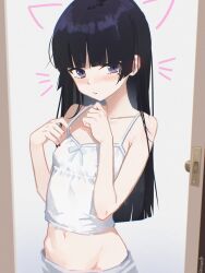 Rule 34 | 1girl, :/, animal ears, artist name, black hair, black nails, blunt bangs, blunt ends, blush, camisole, cat ears, closed mouth, danraz0r, drawn ears, drawn whiskers, fingernails, flat chest, gokou ruri, hands up, highres, long hair, looking at viewer, midriff, mole, mole under eye, nail polish, navel, ore no imouto ga konna ni kawaii wake ga nai, purple eyes, romaji commentary, solo, upper body, white camisole