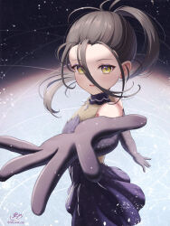 1girl black_dress black_hair dress figure_skating_dress hair_between_eyes highres ice_skating kamisaki_hikaru long_hair long_hair_between_eyes medalist_(manga) open_mouth outstretched_arm ponytail reaching reaching_towards_viewer skating skating_rink sola_num_5130 solo yellow_eyes