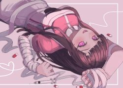 1girl :d apron bandaged_arm bandages breasts brown_hair danganronpa_(series) danganronpa_2:_goodbye_despair grey_apron grey_background highres ibushi_(kuyuru_29) large_breasts long_hair looking_at_viewer lower_teeth_only lying nurse on_back open_mouth pill pink_eyes pink_shirt shirt smile solo syringe teeth tongue tsumiki_mikan two-tone_shirt white_apron white_shirt